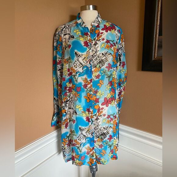 Marsh Landing 100% Silk City Print Tunic Mini Dress or Swim cover up XL - Picture 2 of 6